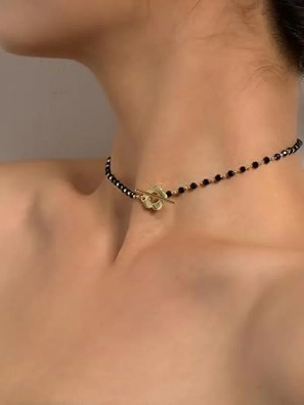 14K Gold Flower Choker Necklace Black Beaded Goth Boho Statement